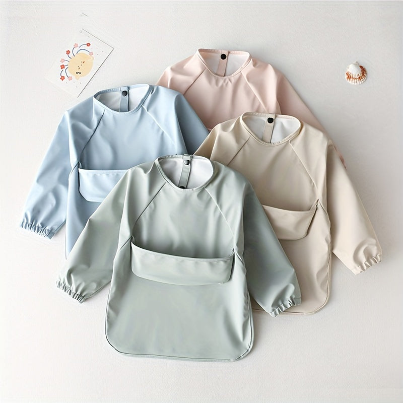 1pc Children Longsleeved PU Smock Bib Soft Waterproof Plain Color Bib Antidirty Feeding Bib Easter Gift