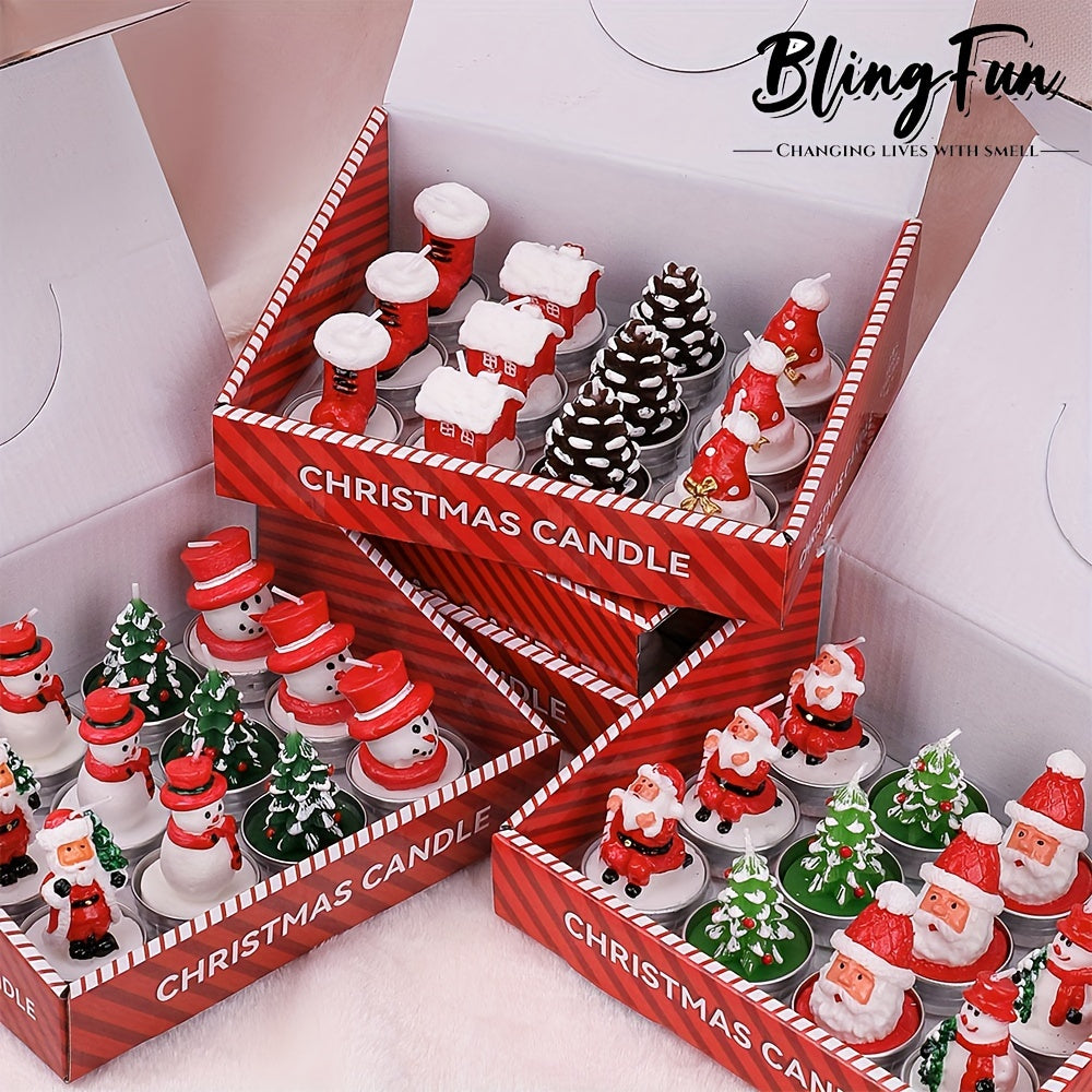 BlingFun Christmas Candle Set  12pcs Hand Painted Paraffin Wax Candles Festive Decoration for Holiday Ambience Santa Claus Snowman  Christmas Tree Shaped Unscented SingleWick Candles for Indoor Use with Decorative Box