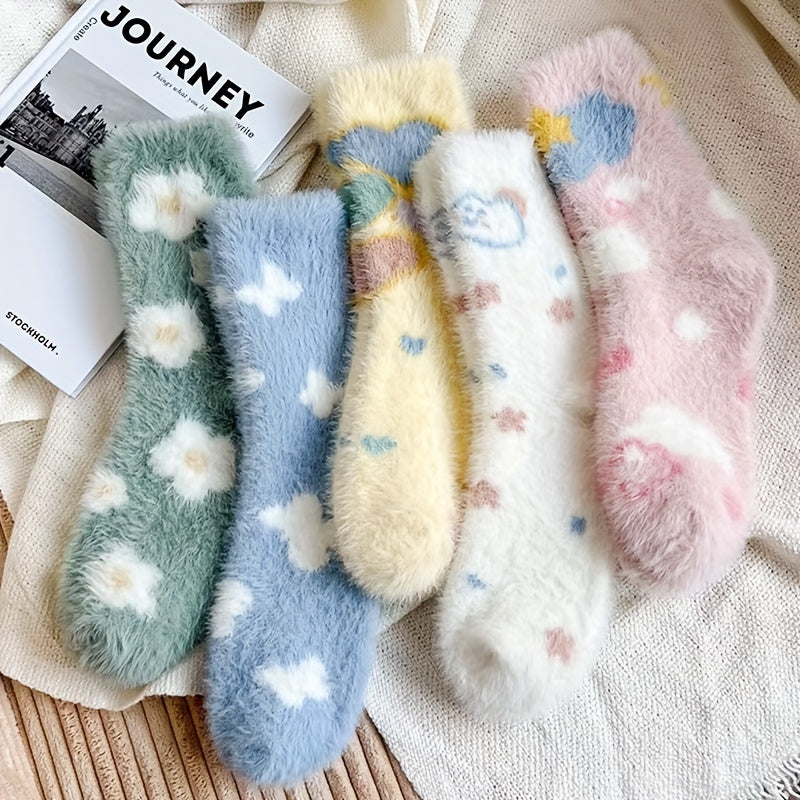 5 Pairs Cartoon Cloud Fleece Socks Cute  Warm Fuzzy Socks For Fall  Winter Womens Stockings  Hosiery